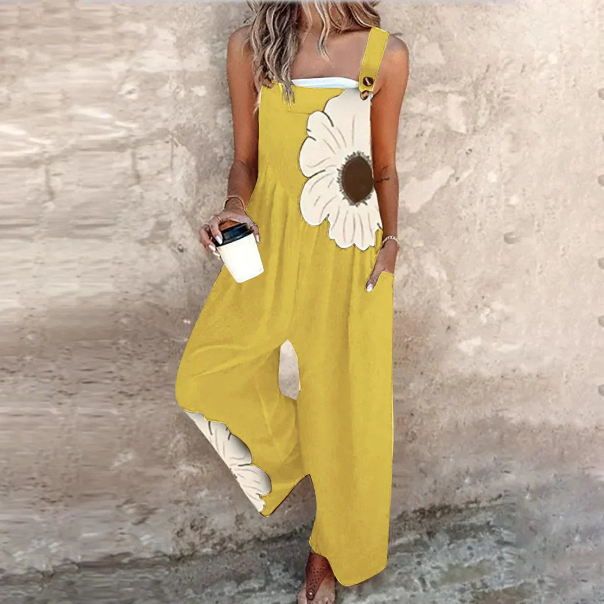 Women's Floral Wide-Leg Jumpsuit with Adjustable Straps and Pockets