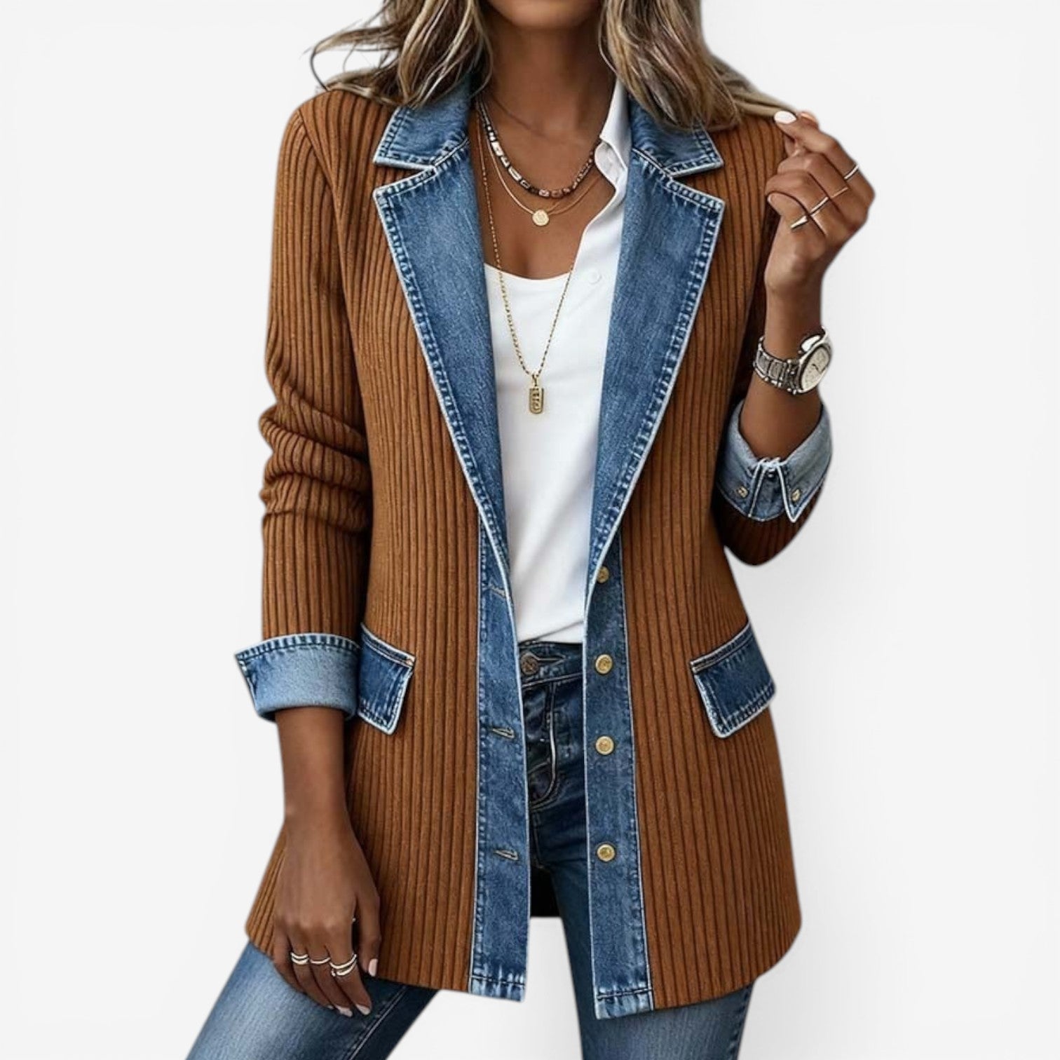 Women's Ribbed Knit Denim Trim Open-Front Cardigan Jacket