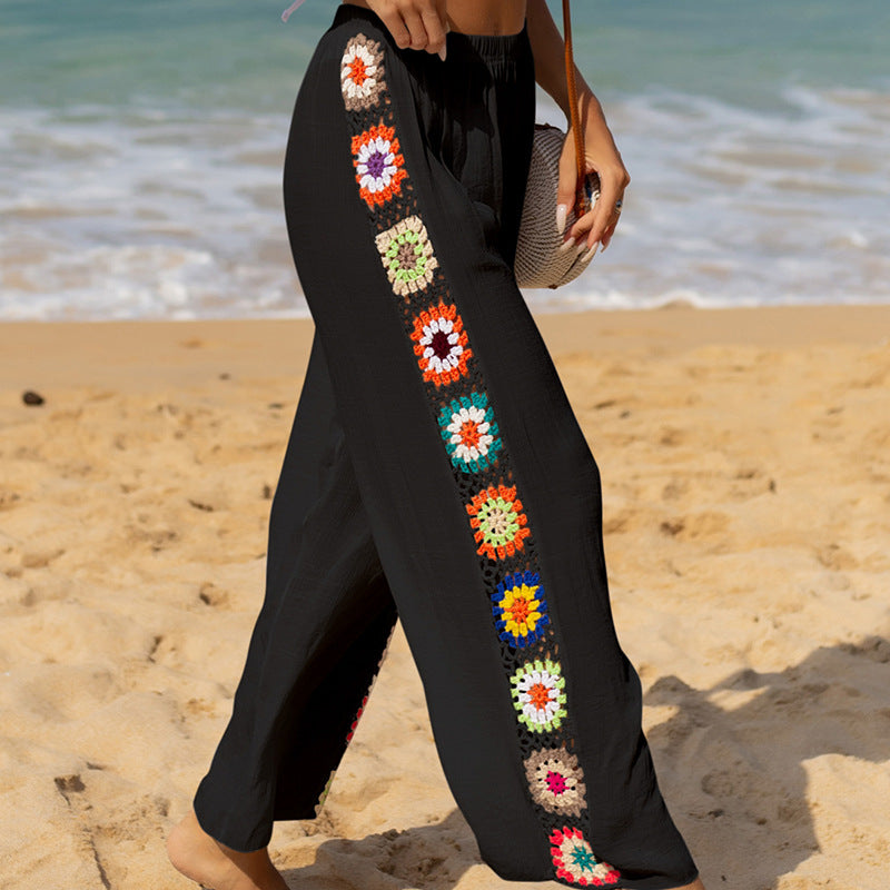 Damenhose mit weitem Bein, Häkelblumendetail an der Seite und lockerem Schnitt