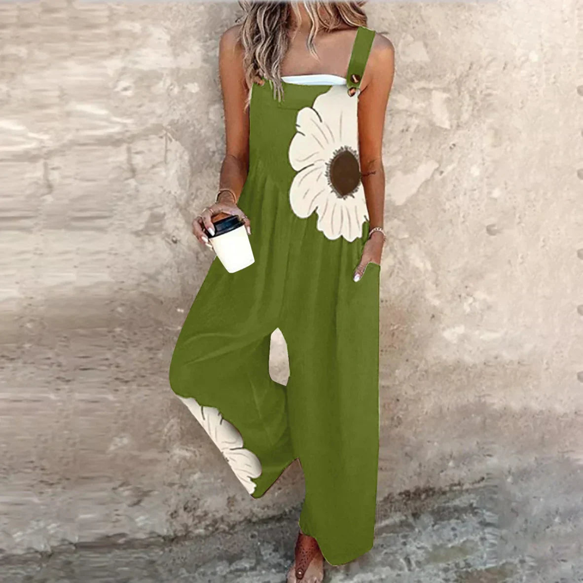 Women's Floral Wide-Leg Jumpsuit with Adjustable Straps and Pockets