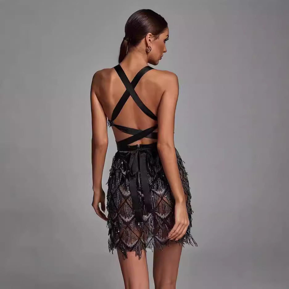 Women's Embellished Fringe Mini Dress with Plunging V-Neck for Parties