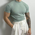 Herren Slim Fit T-Shirt mit gerippter Struktur Atmungsaktiv Stretch Aktiver Stil