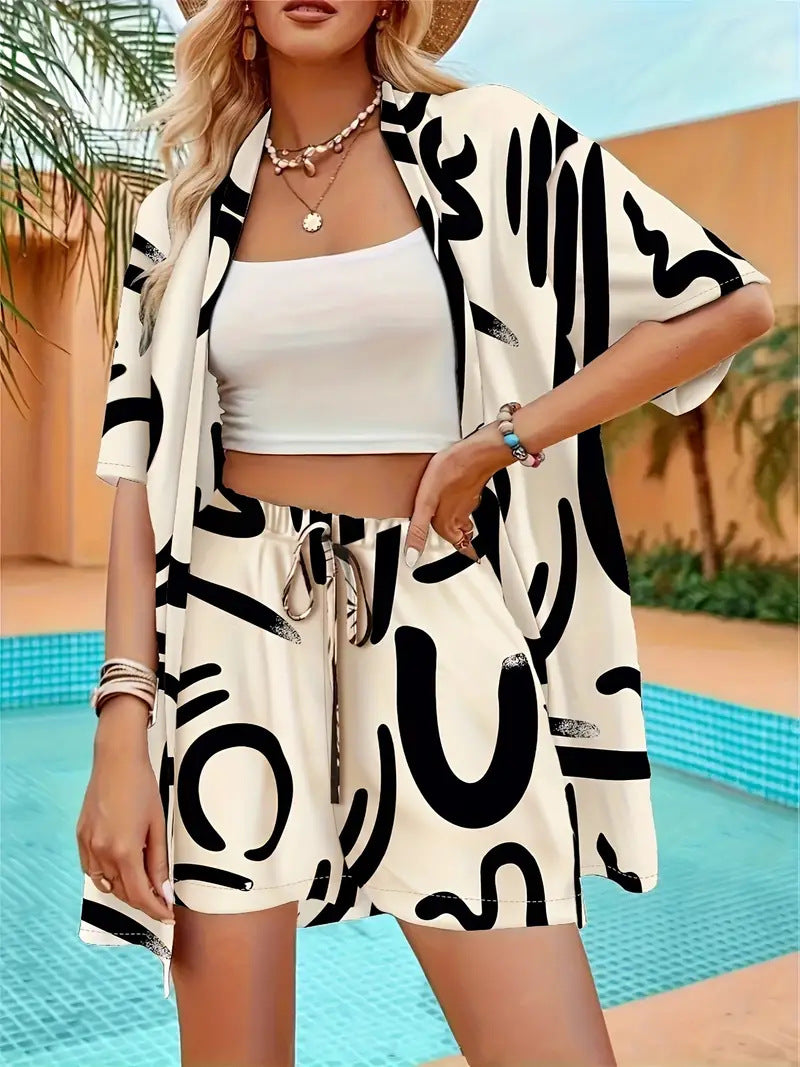 Ensemble kimono cardigan à imprimé floral et short à cordon pour femme