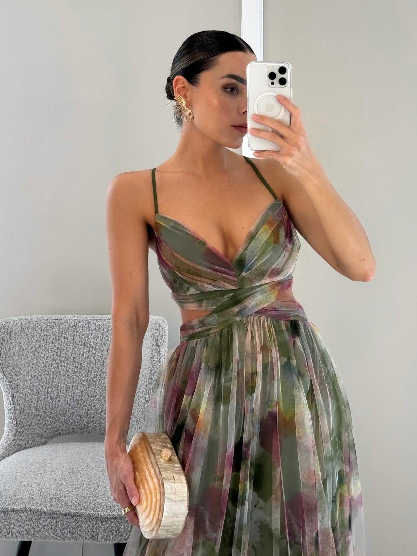Damen elegantes Tüll-Maxikleid mit Aquarell-Blumenmuster und fließender Passform