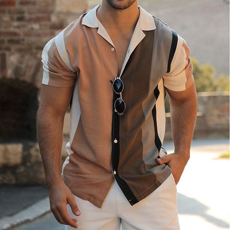 Men's Colour Block Shirt with Slim Fit and Short Sleeves for Modern Style