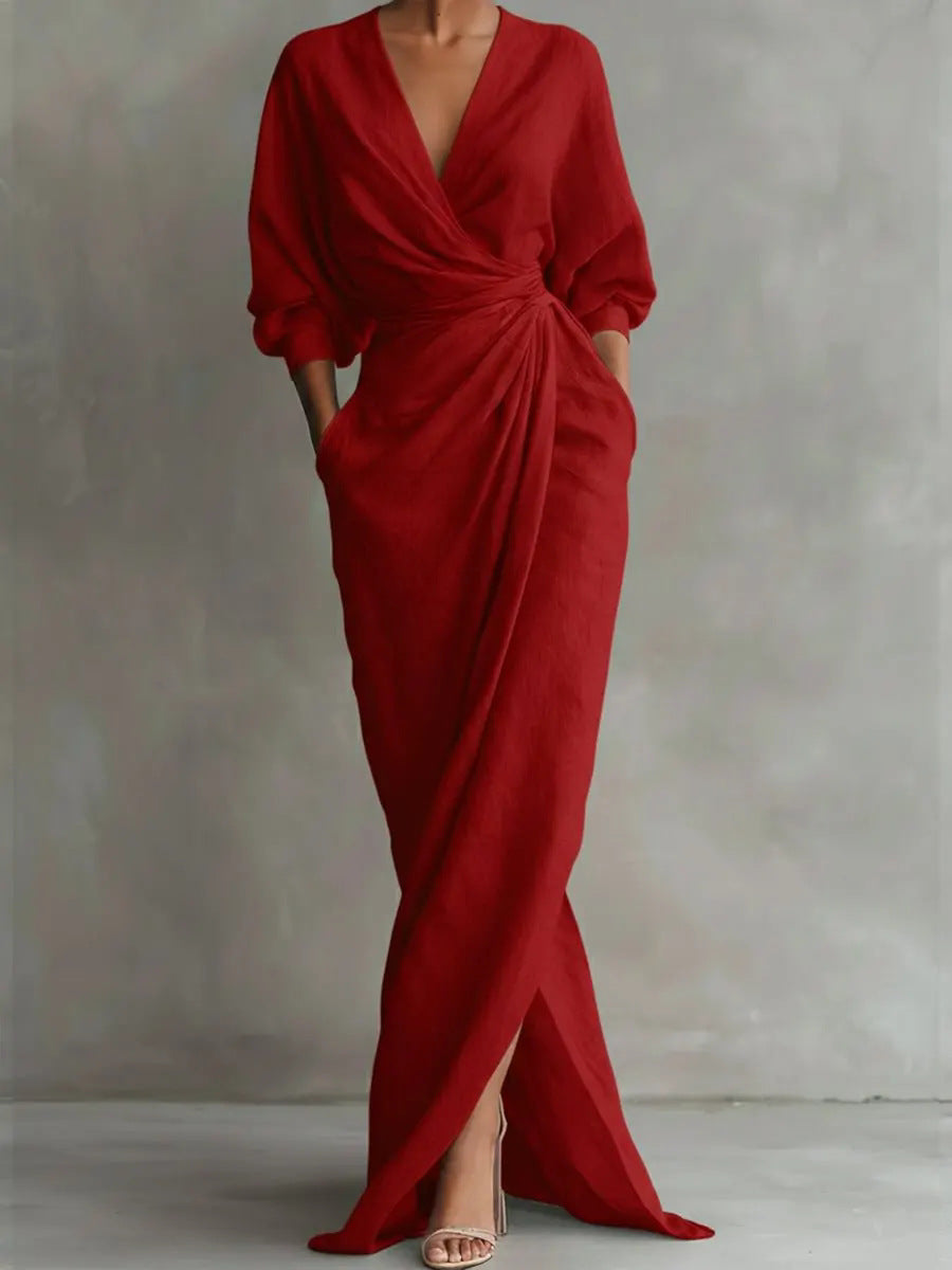 Robe maxi portefeuille drapée à col en V pour femme avec détail de taille torsadée