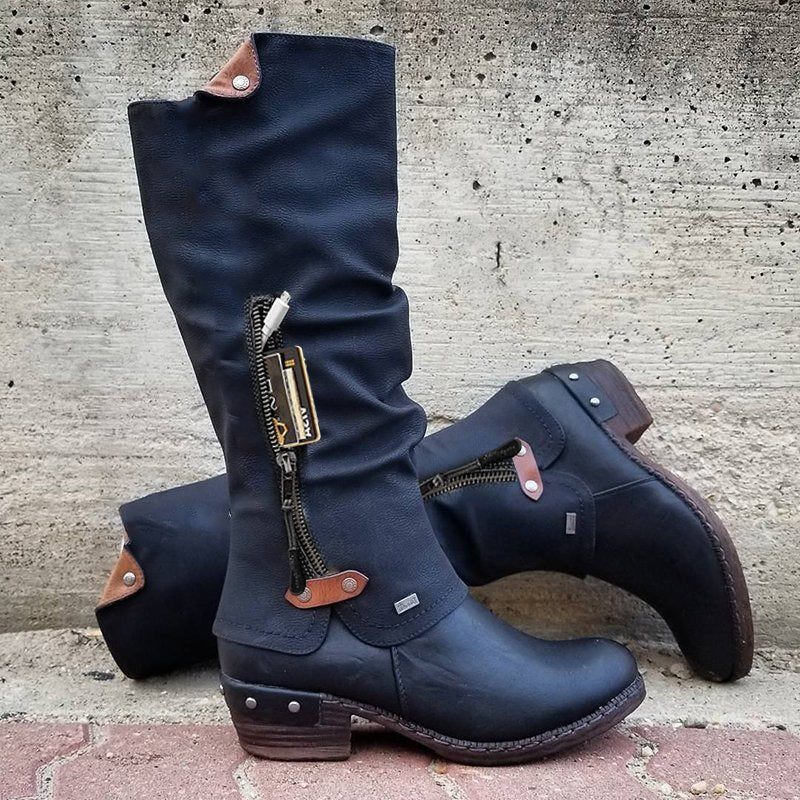 Women's Knee-High Pocket Zip Low Heel Boots
