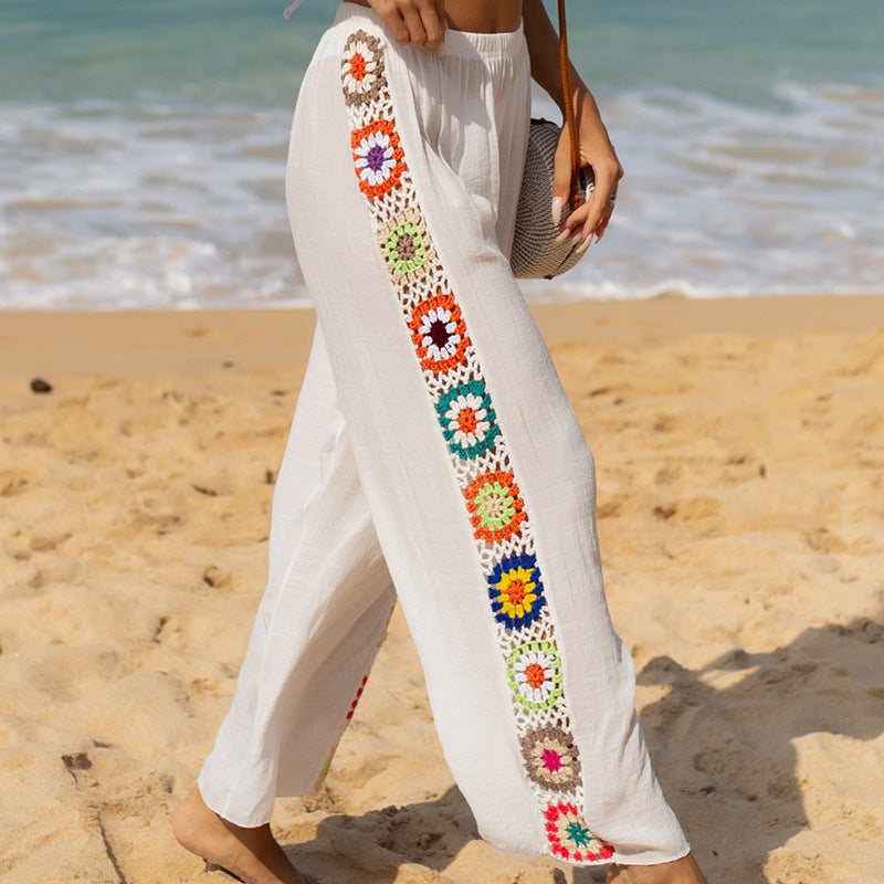 Damenhose mit weitem Bein, Häkelblumendetail an der Seite und lockerem Schnitt