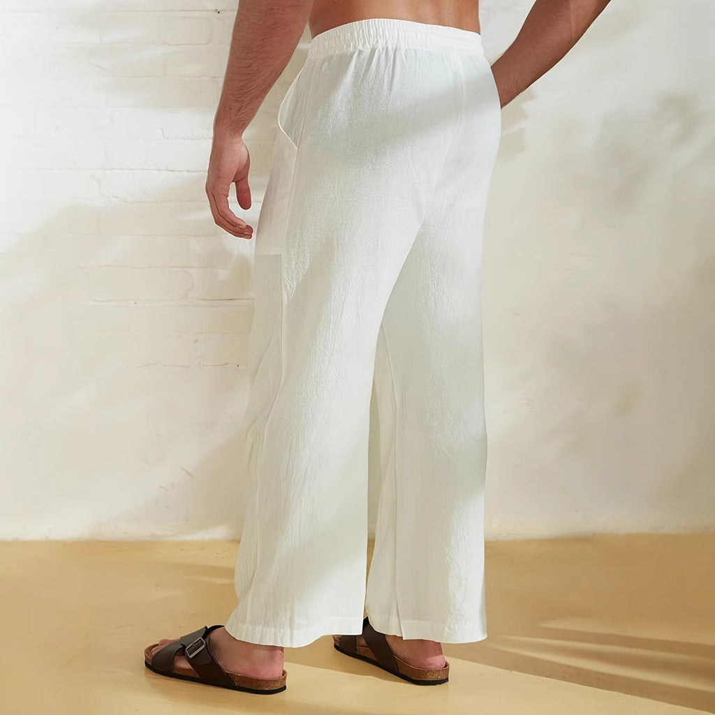 Herrenleinenhose mit weitem Bein, lockerem Schnitt und Kordelzug in der Taille