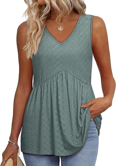 Women's Textured Sleeveless V-Neck Tunic Top with Flowing Pleated Hem