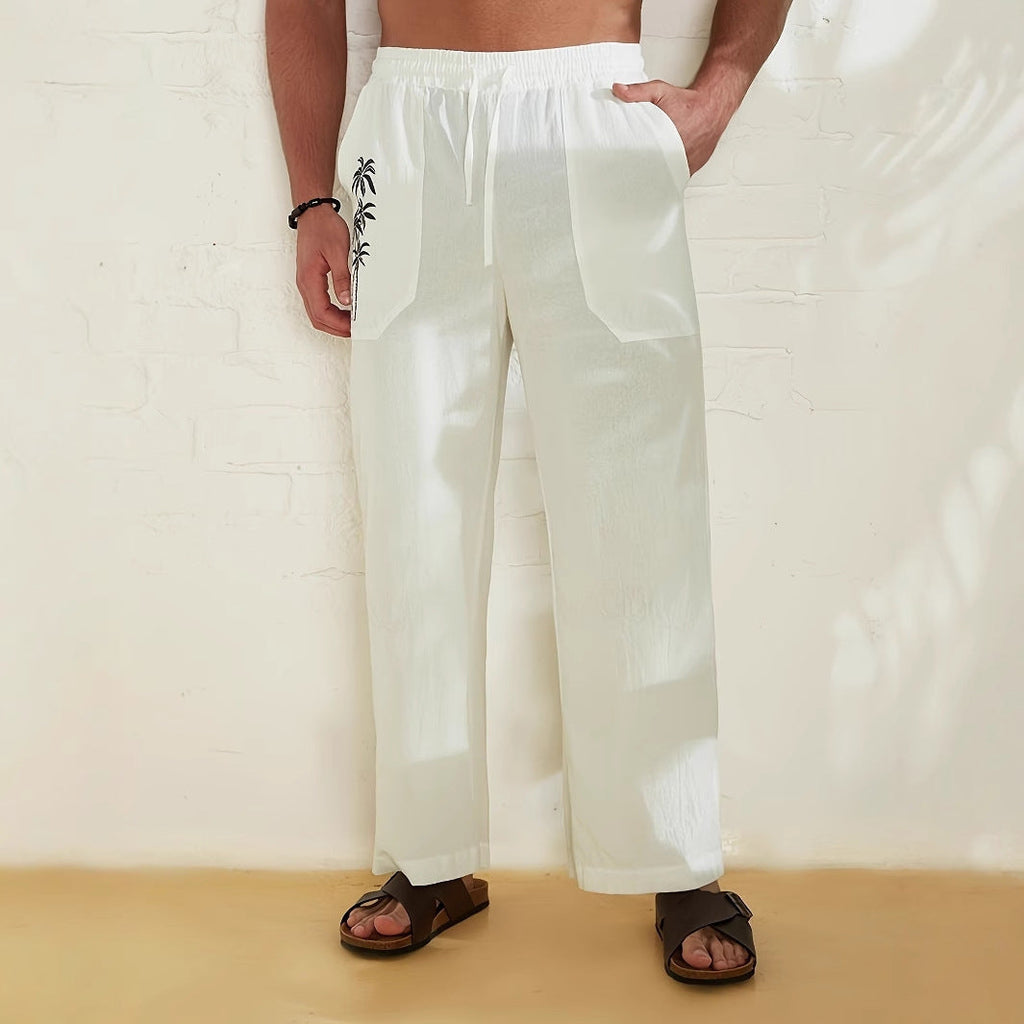 Herrenleinenhose mit weitem Bein, lockerem Schnitt und Kordelzug in der Taille