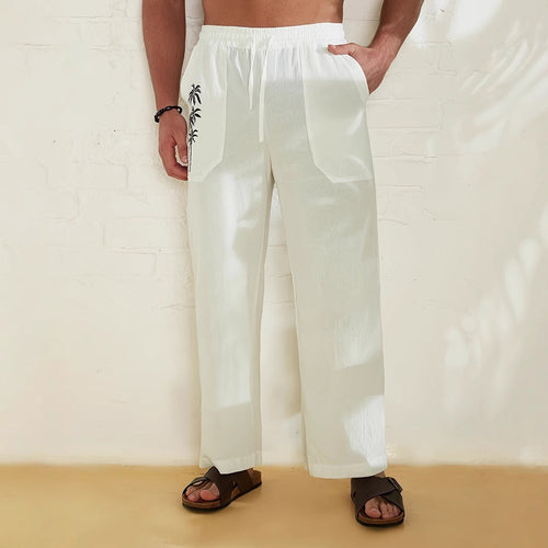 Herrenleinenhose mit weitem Bein, lockerem Schnitt und Kordelzug in der Taille