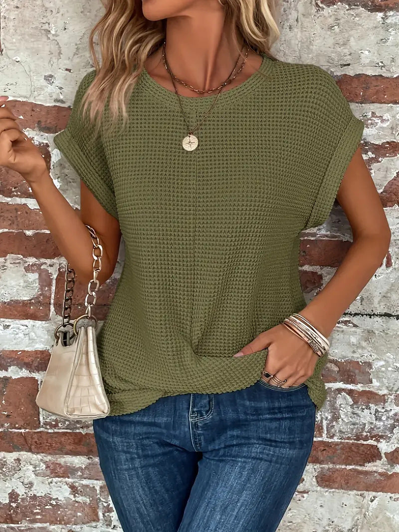 Women's Textured Waffle Knit Top with Rolled Cap Sleeves