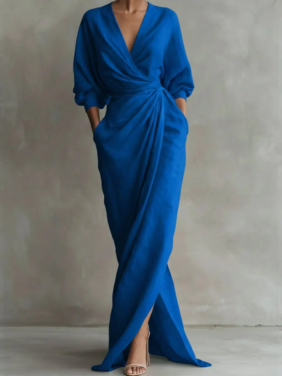 Robe maxi portefeuille drapée à col en V pour femme avec détail de taille torsadée