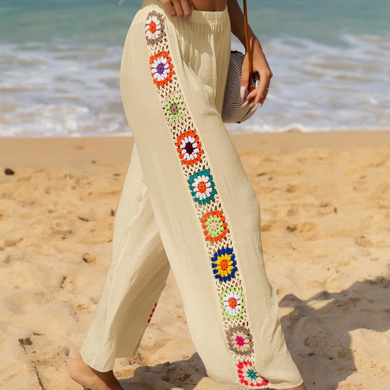 Damenhose mit weitem Bein, Häkelblumendetail an der Seite und lockerem Schnitt