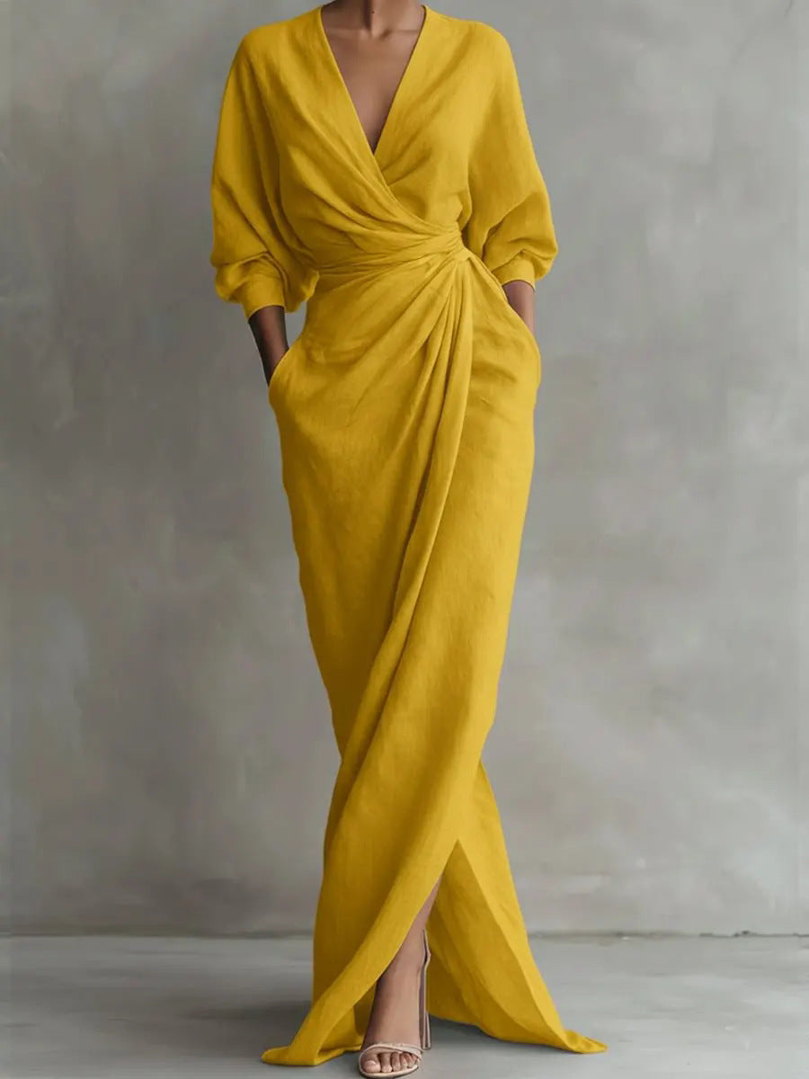 Robe maxi portefeuille drapée à col en V pour femme avec détail de taille torsadée