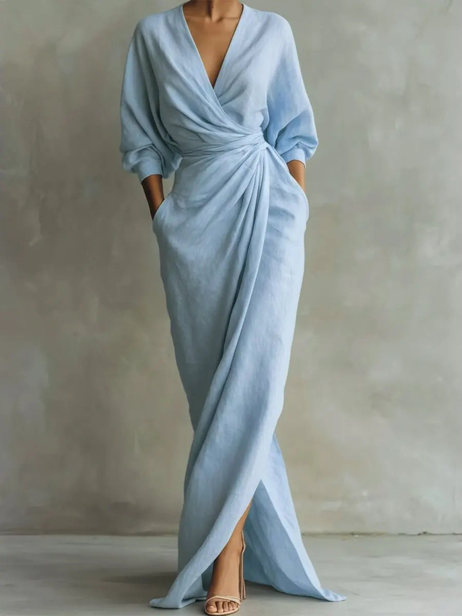 Robe maxi portefeuille drapée à col en V pour femme avec détail de taille torsadée