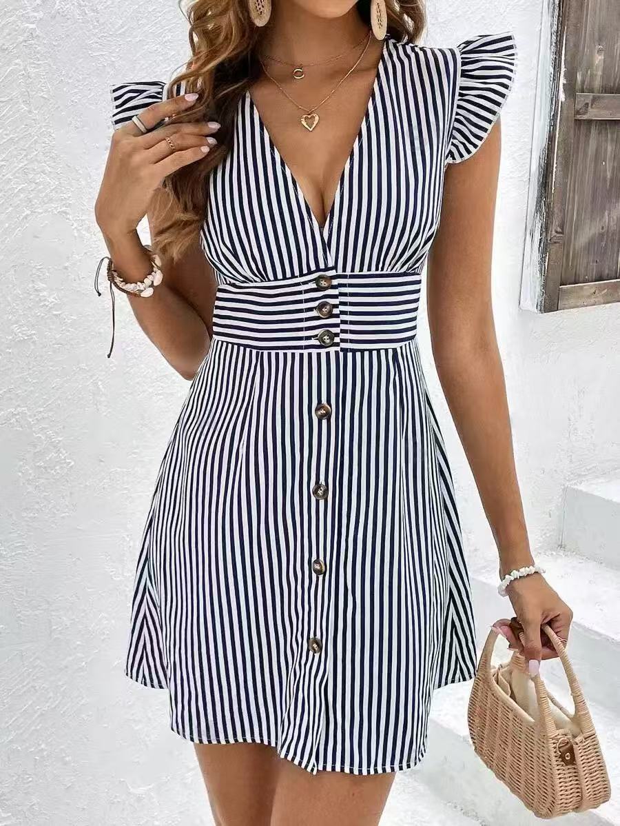 Women's Striped Mini Dress with Fitted Waist and Ruffle Sleeve Detail