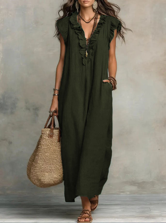 Robe maxi décontractée pour femme à col en V avec bordure à volants et poches latérales pratiques  