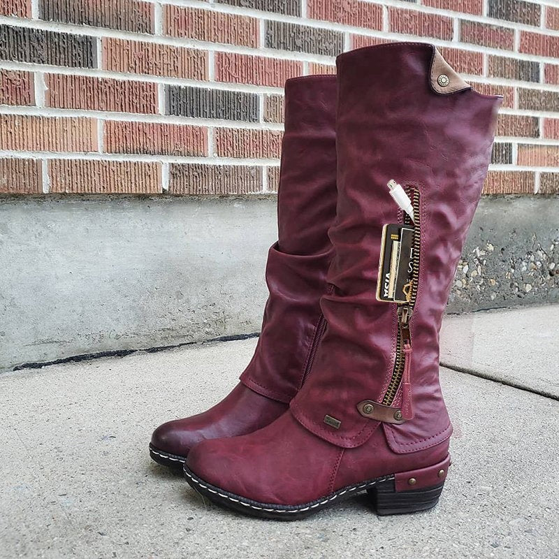 Women's Knee-High Pocket Zip Low Heel Boots