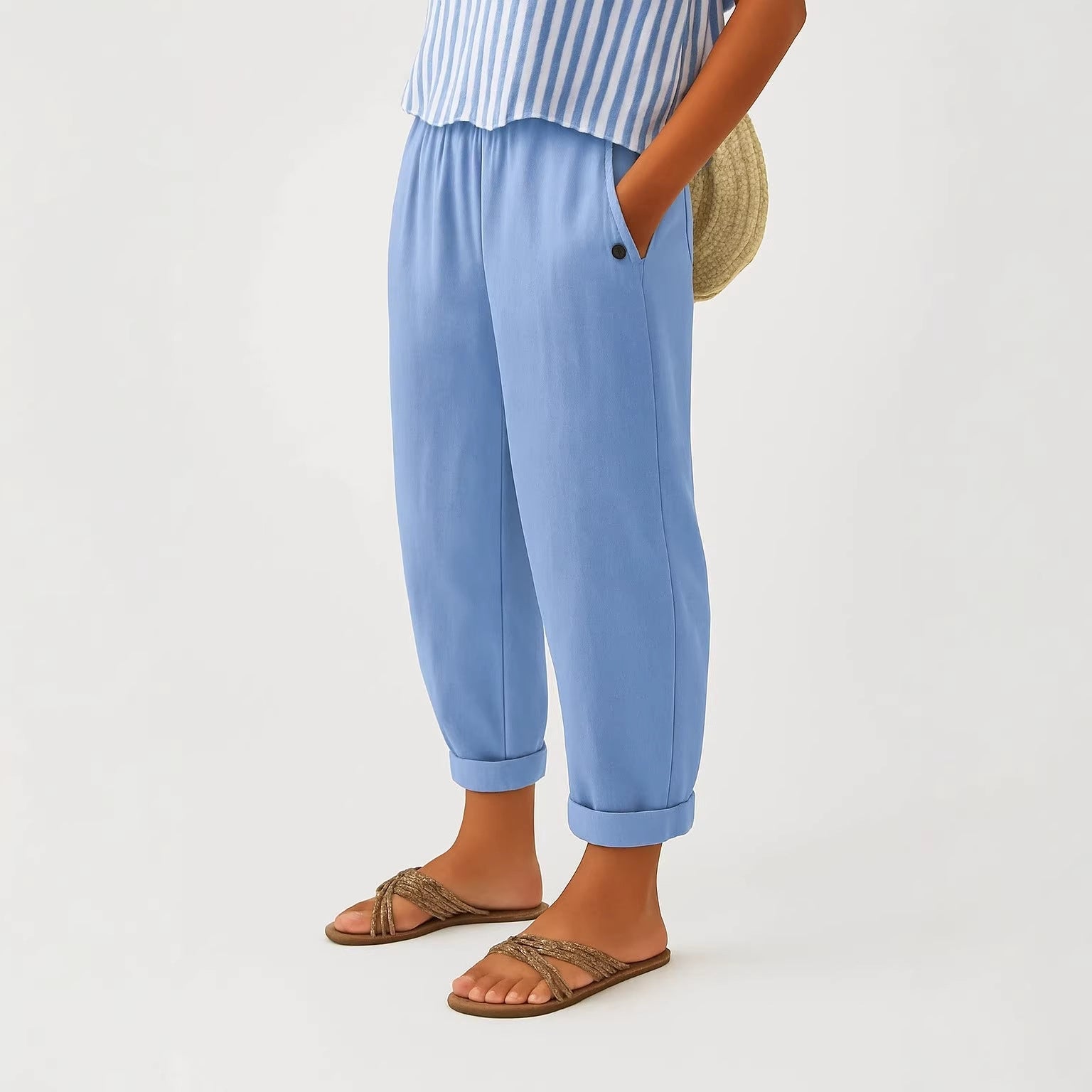 Pantalon décontracté pour femme à taille haute, coupe fuselée, avec poches latérales  