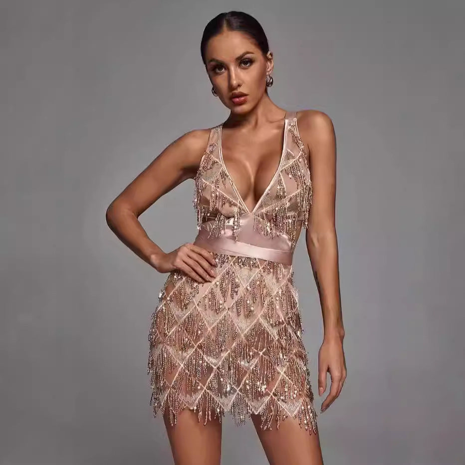 Women's Embellished Fringe Mini Dress with Plunging V-Neck for Parties