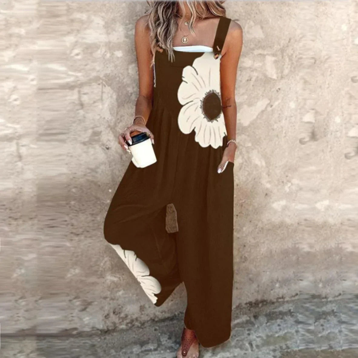 Women's Floral Wide-Leg Jumpsuit with Adjustable Straps and Pockets