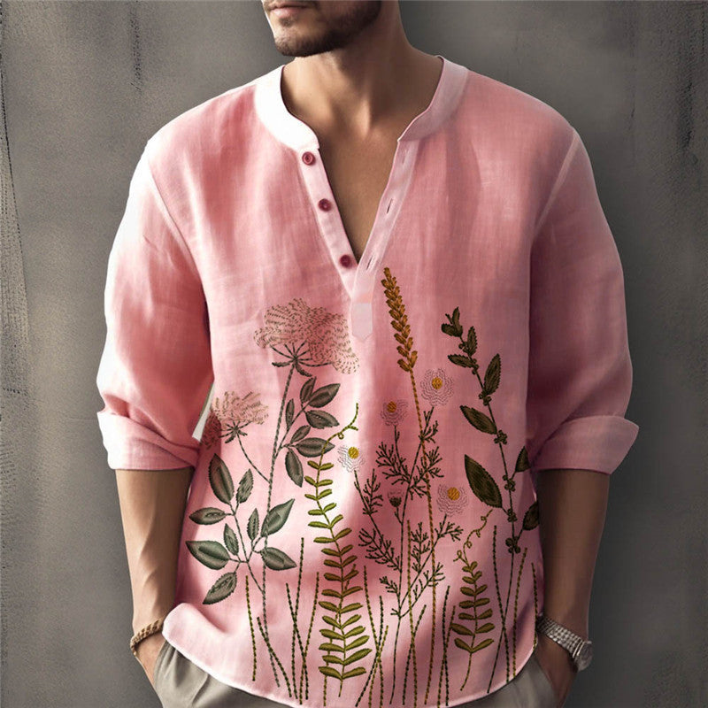 Men's Linen Shirt with Botanical Print and Relaxed Fit Button Neck