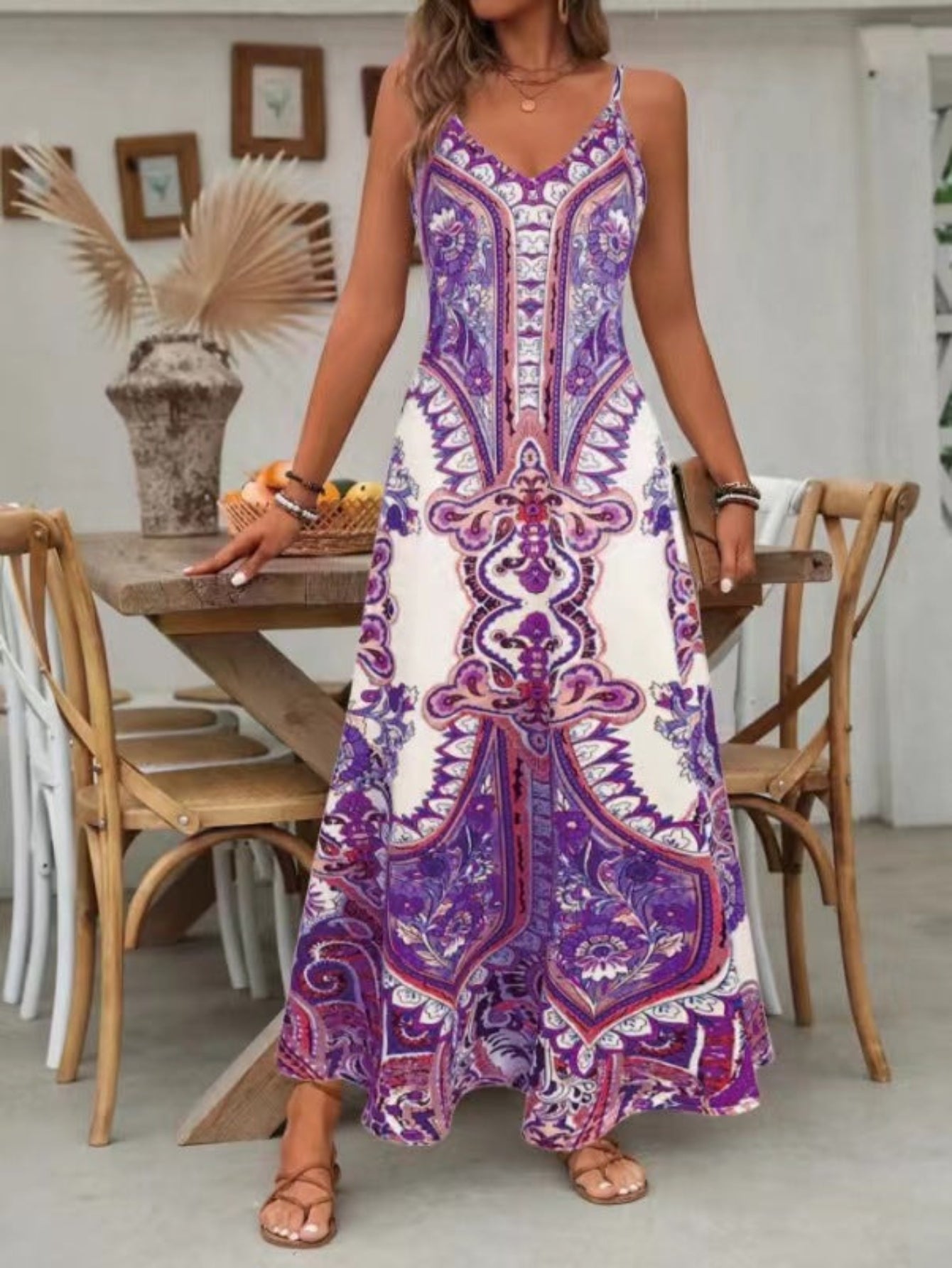Robe maxi sans manches à imprimé cachemire bohème pour femme