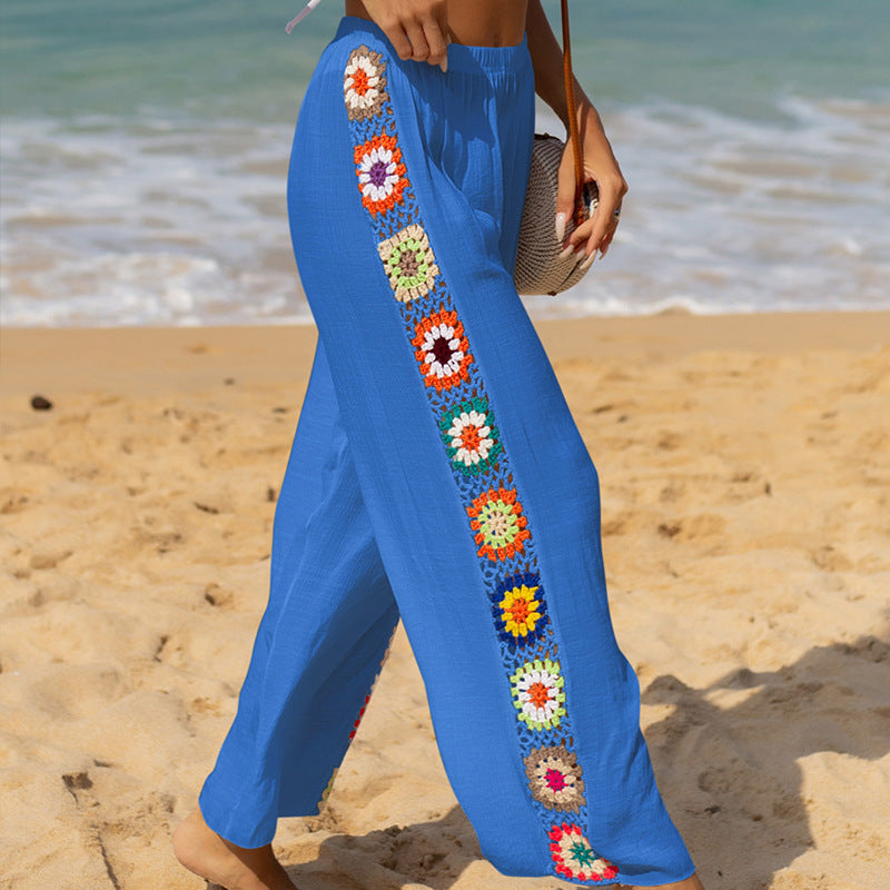 Damenhose mit weitem Bein, Häkelblumendetail an der Seite und lockerem Schnitt