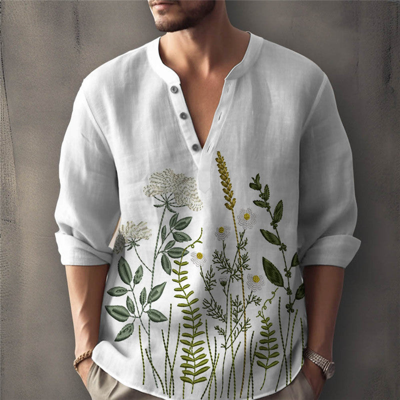 Men's Linen Shirt with Botanical Print and Relaxed Fit Button Neck