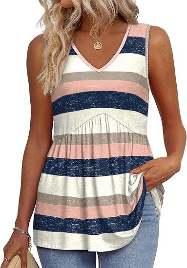 Women's Textured Sleeveless V-Neck Tunic Top with Flowing Pleated Hem