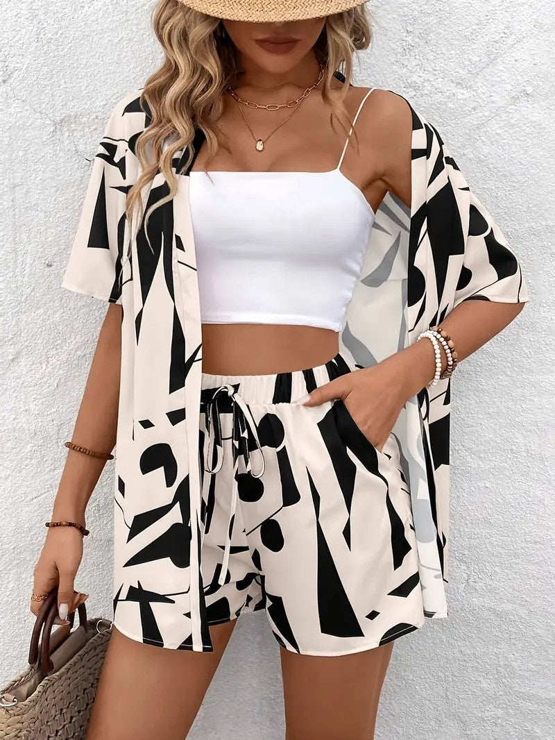 Ensemble kimono cardigan à imprimé floral et short à cordon pour femme