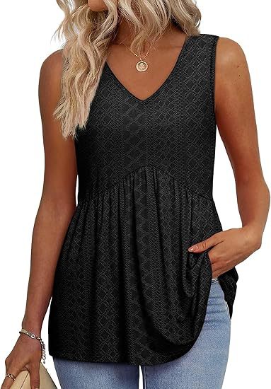 Women's Textured Sleeveless V-Neck Tunic Top with Flowing Pleated Hem