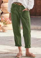 Women's Vintage Button Front Tapered Trousers with Utility Pocket Design