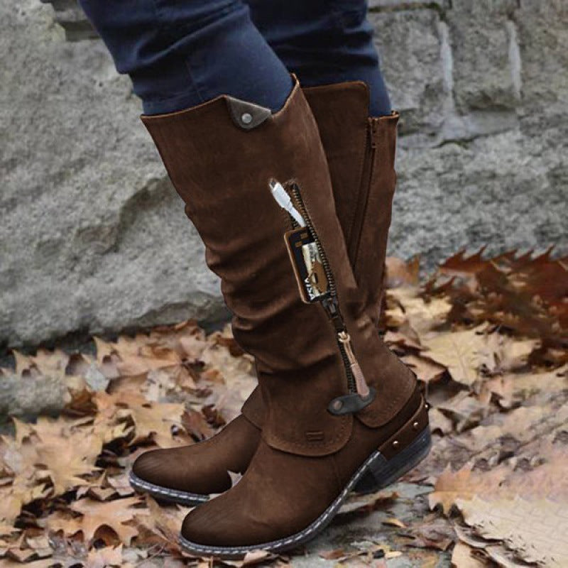 Women's Knee-High Pocket Zip Low Heel Boots
