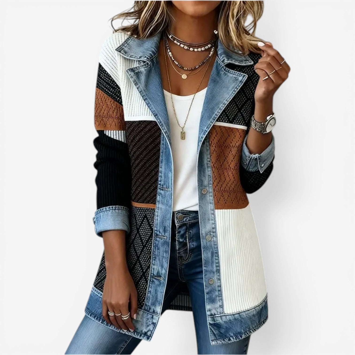 Women's Ribbed Knit Denim Trim Open-Front Cardigan Jacket