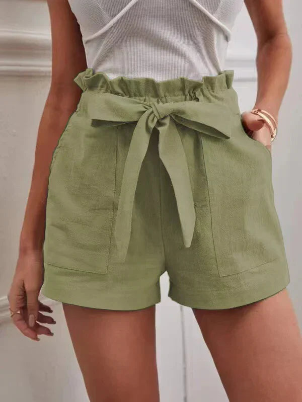 Women's High-Waisted Linen Blend Shorts with Tie Waist and Relaxed Fit