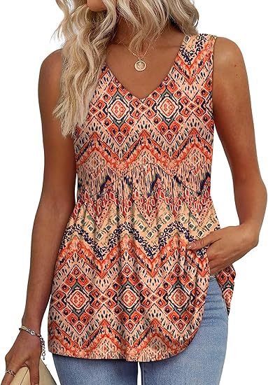 Women's Textured Sleeveless V-Neck Tunic Top with Flowing Pleated Hem