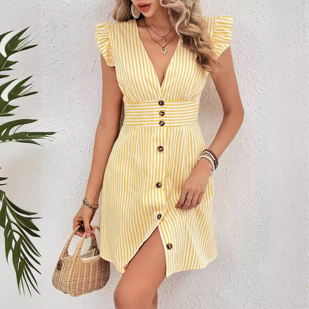 Women's Striped Mini Dress with Fitted Waist and Ruffle Sleeve Detail