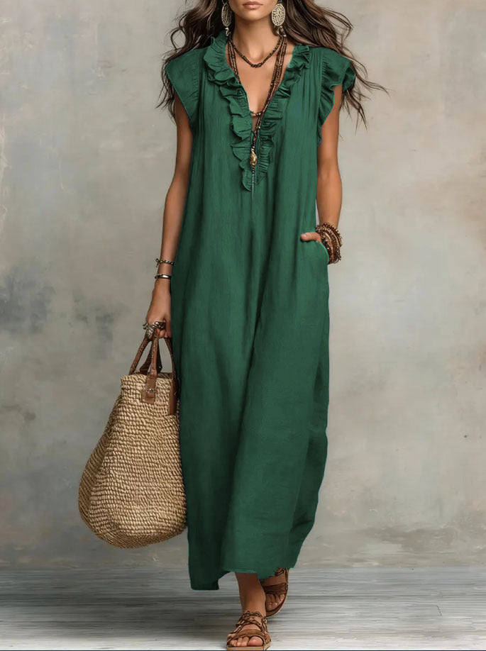 Robe maxi décontractée pour femme à col en V avec bordure à volants et poches latérales pratiques  