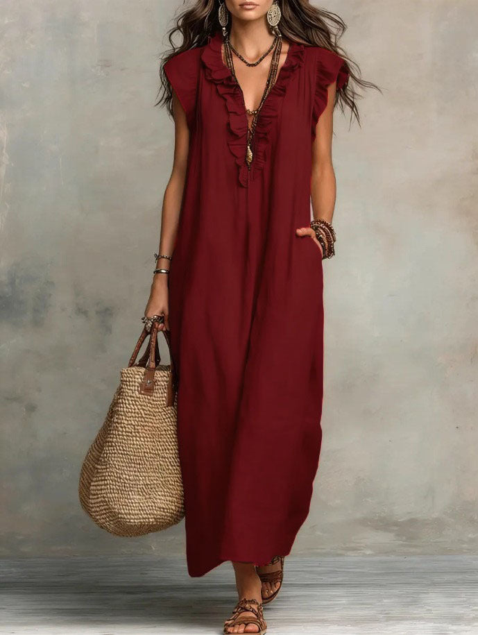 Robe maxi décontractée pour femme à col en V avec bordure à volants et poches latérales pratiques  