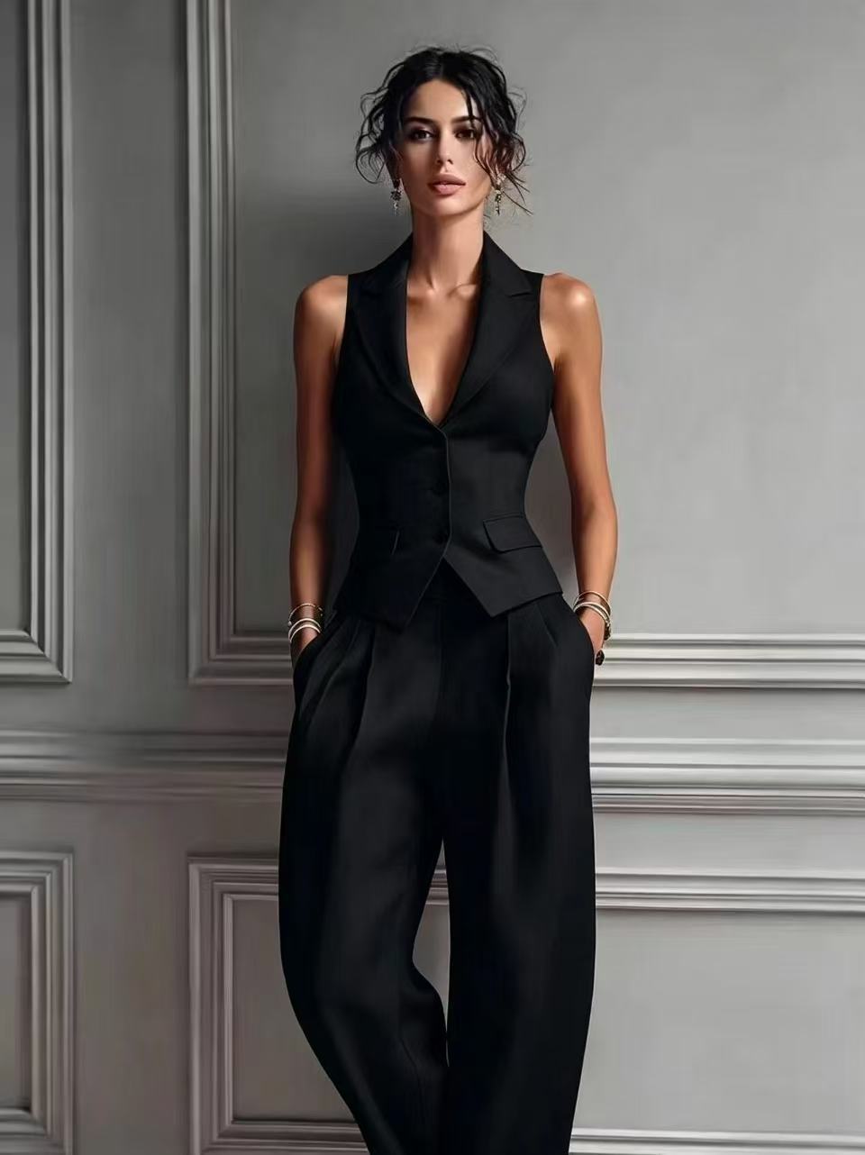 Women's Tailored Two-Piece Set with Waistcoat and Wide-Leg Trousers
