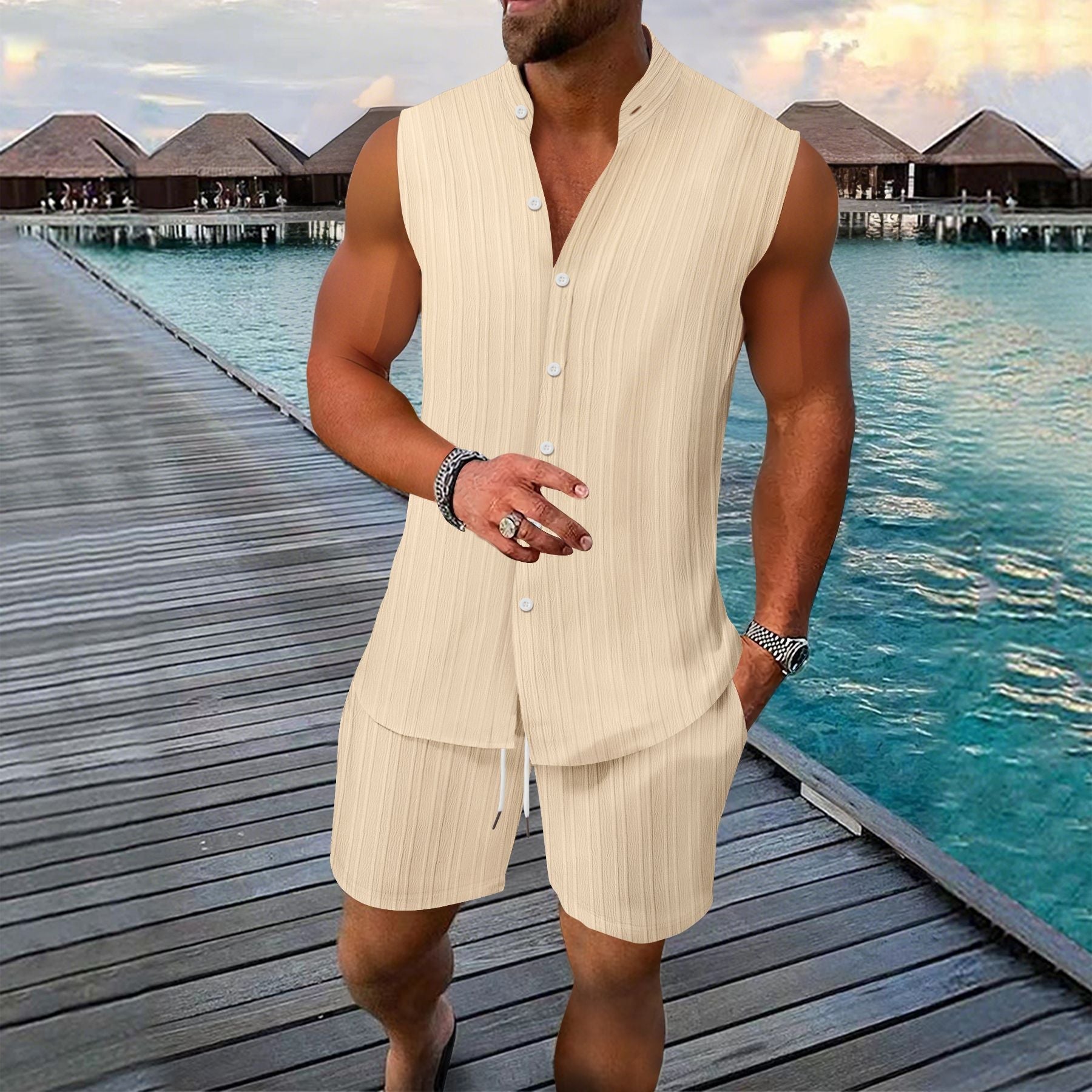 Men's Textured Two-Piece Set with Sleeveless Shirt and Relaxed Fit Shorts