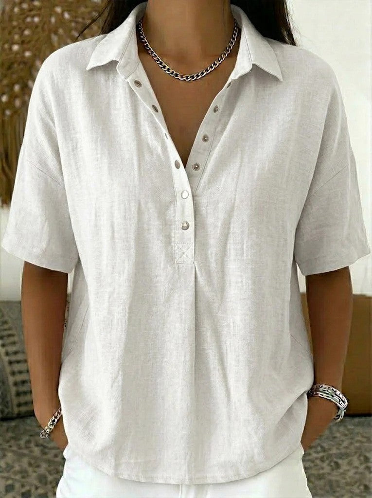 Women's Cotton Linen Blouse with Short Sleeves and Collared V-Neck