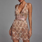 Women's Embellished Fringe Mini Dress with Plunging V-Neck for Parties