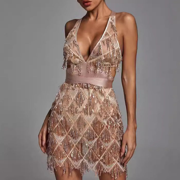Women's Embellished Fringe Mini Dress with Plunging V-Neck for Parties