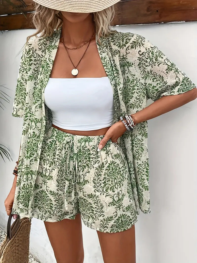 Ensemble kimono cardigan à imprimé floral et short à cordon pour femme