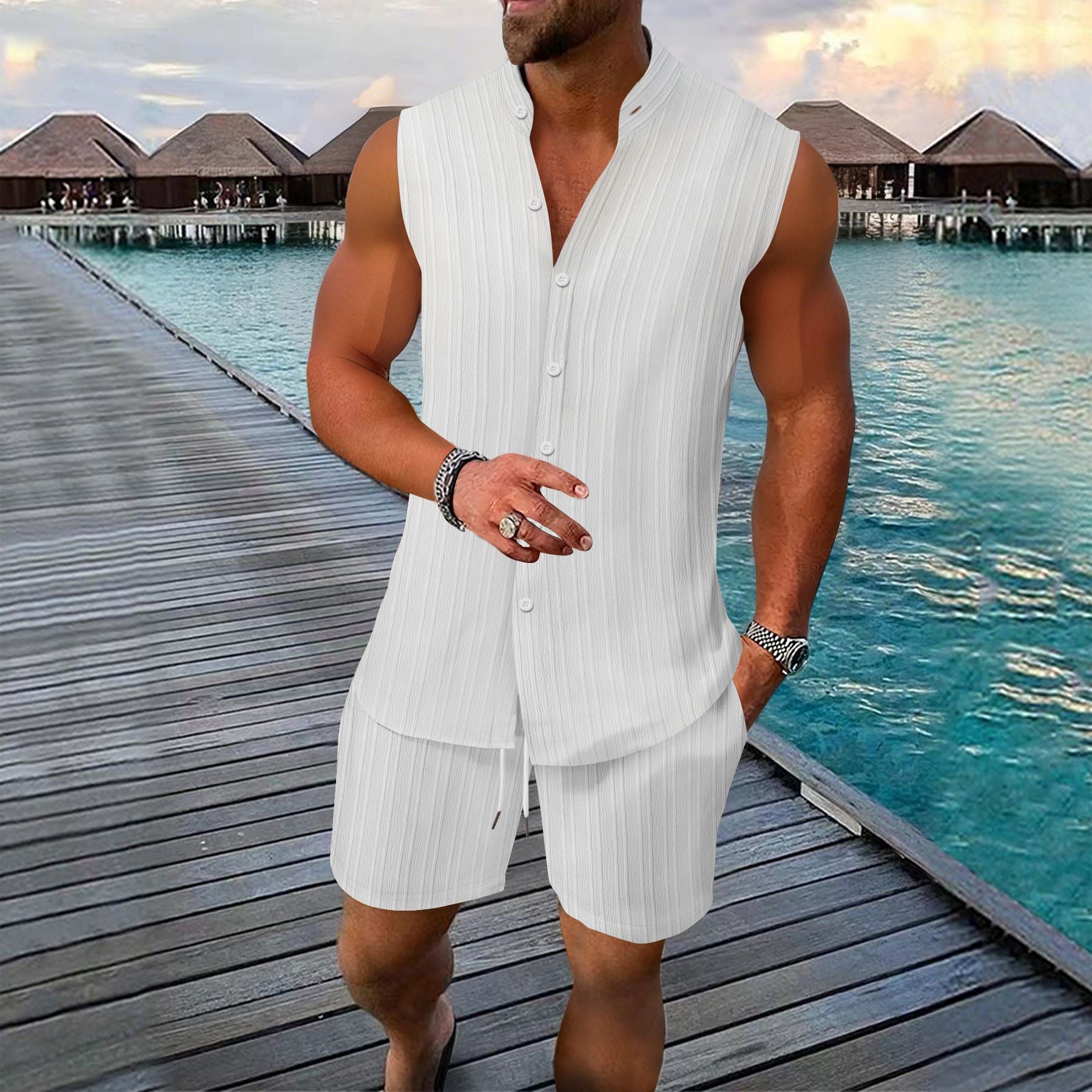 Men's Textured Two-Piece Set with Sleeveless Shirt and Relaxed Fit Shorts