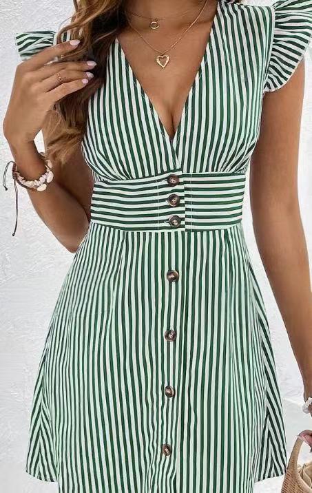 Women's Striped Mini Dress with Fitted Waist and Ruffle Sleeve Detail